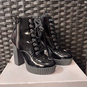 Aldo Black Patent Lace-Up Platform Ankle Boots